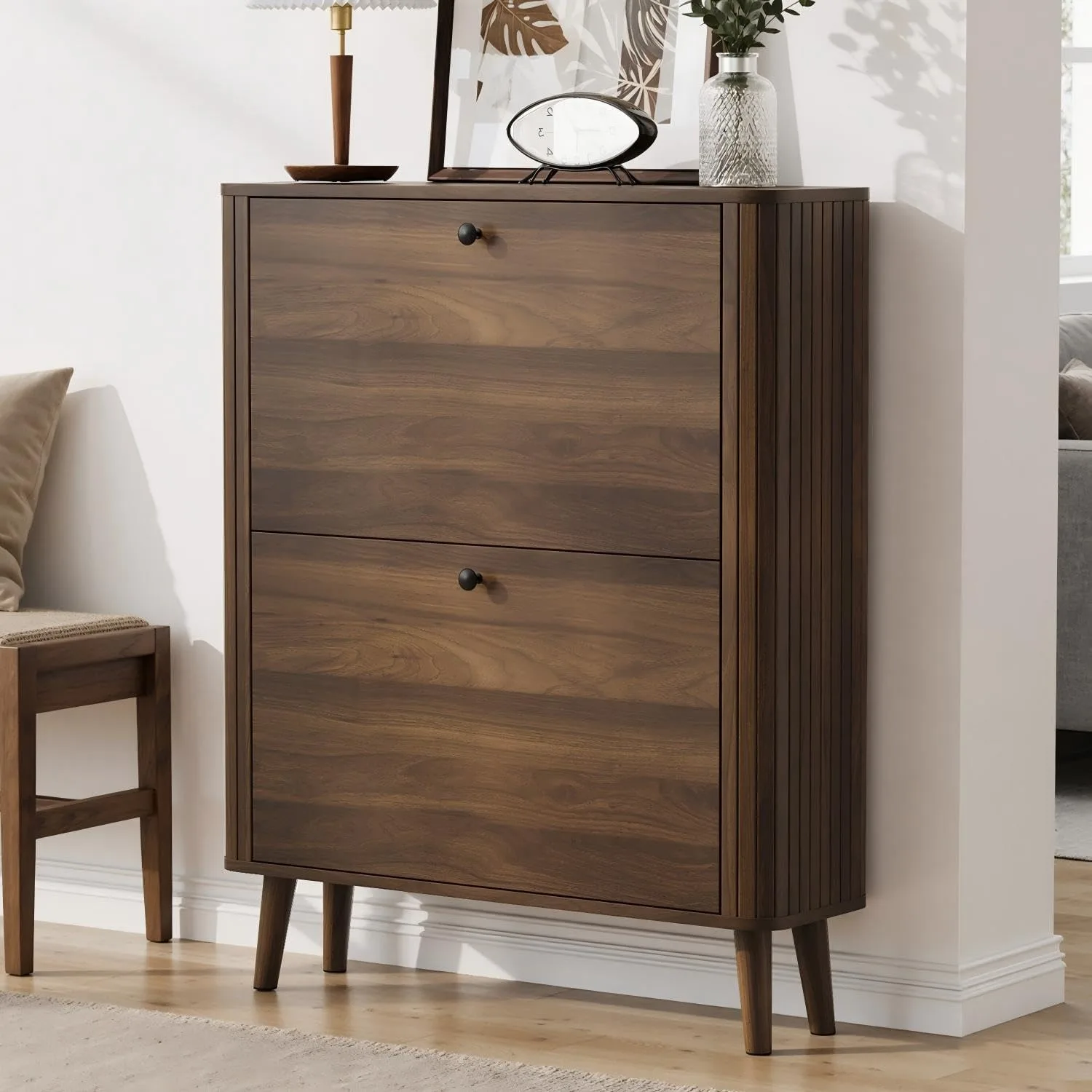 Narrow Slim Shoe Storage Cabinet Curved Wooden Slat Sides 2 Flip Drawers Entryway Organizer, Custom