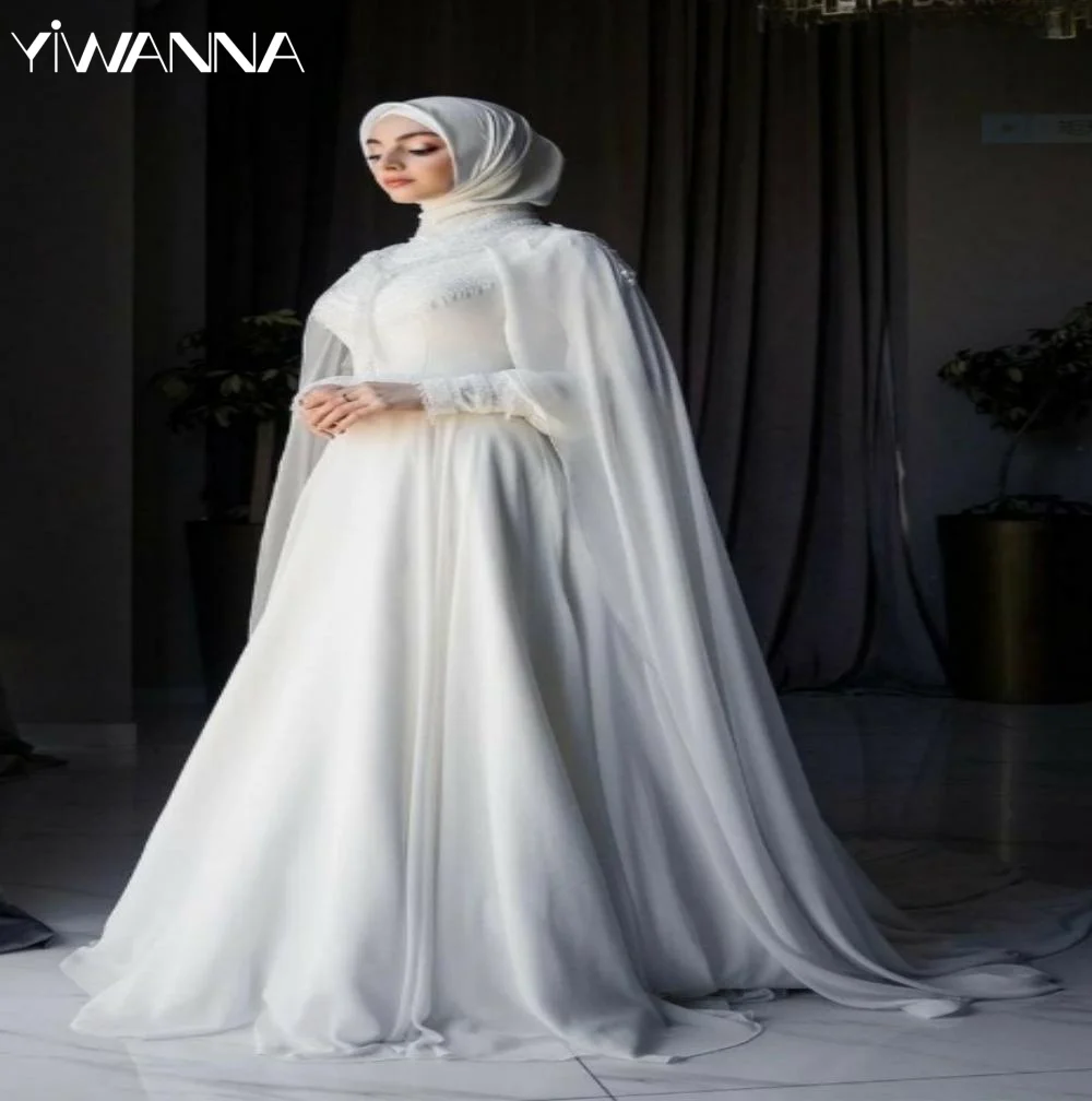 

Muslim High Collar Wedding Dress Classic Graceful Chiffon Long Sleeve Wedding Gown Simple A-line Floor-length Bride Gown