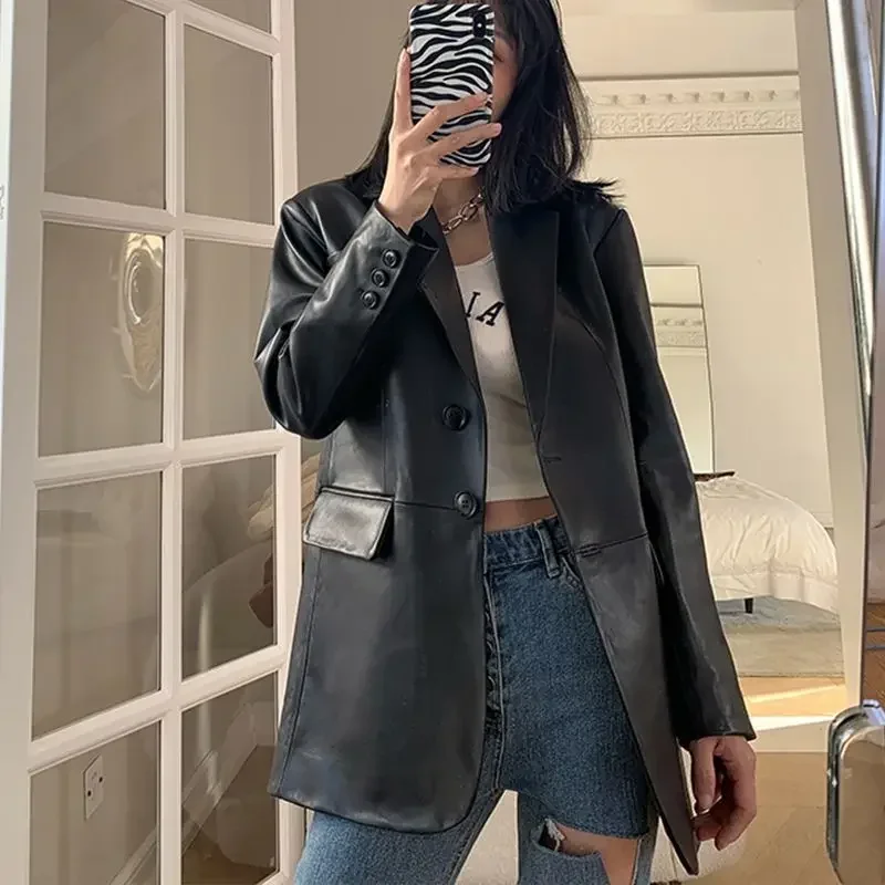 어깨 패드 포함, 중간 길이 가죽 여성 봄 새 워시 가죽 루즈 윈드 브레이커 재킷 가죽 정장 재킷 J136