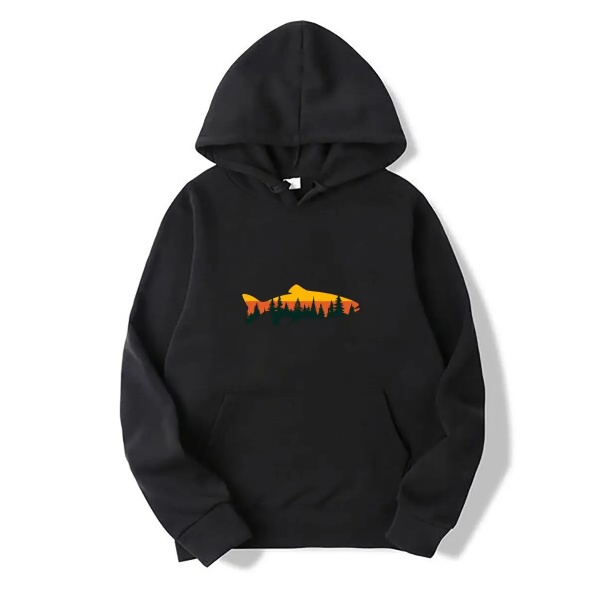 Fish Silhouette Forest Sunset Nature Fishing Graphic Autumn and winter hooded sweatshirts