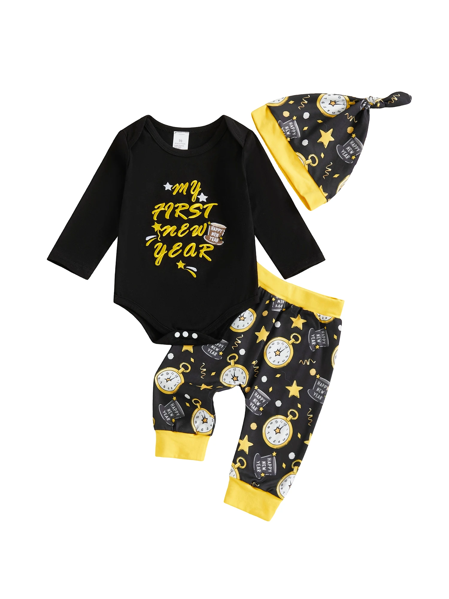 

Комплекты новогоднего одежды для маленьких мальчиков, комбинезон с длинными рукавами и круглым вырезом с буквенным принтом, штаны с принтом часов, комплекты шляп