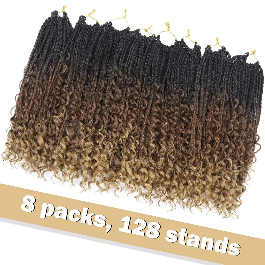 Trenzas de caja de diosa, pelo de ganchillo con extremos rizados, trenzas de caja de estilo bohemio de 14 pulgadas, trenzas de ganchillo, 8 paquetes, 3 trenzas sintéticas