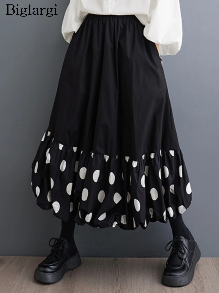 

Oversized Polka Dot Print Spring Elastic High Waist Midi Skirt Women Ruffle Pleated Loose Modis Ladies Skirts Casual Woman Skirt