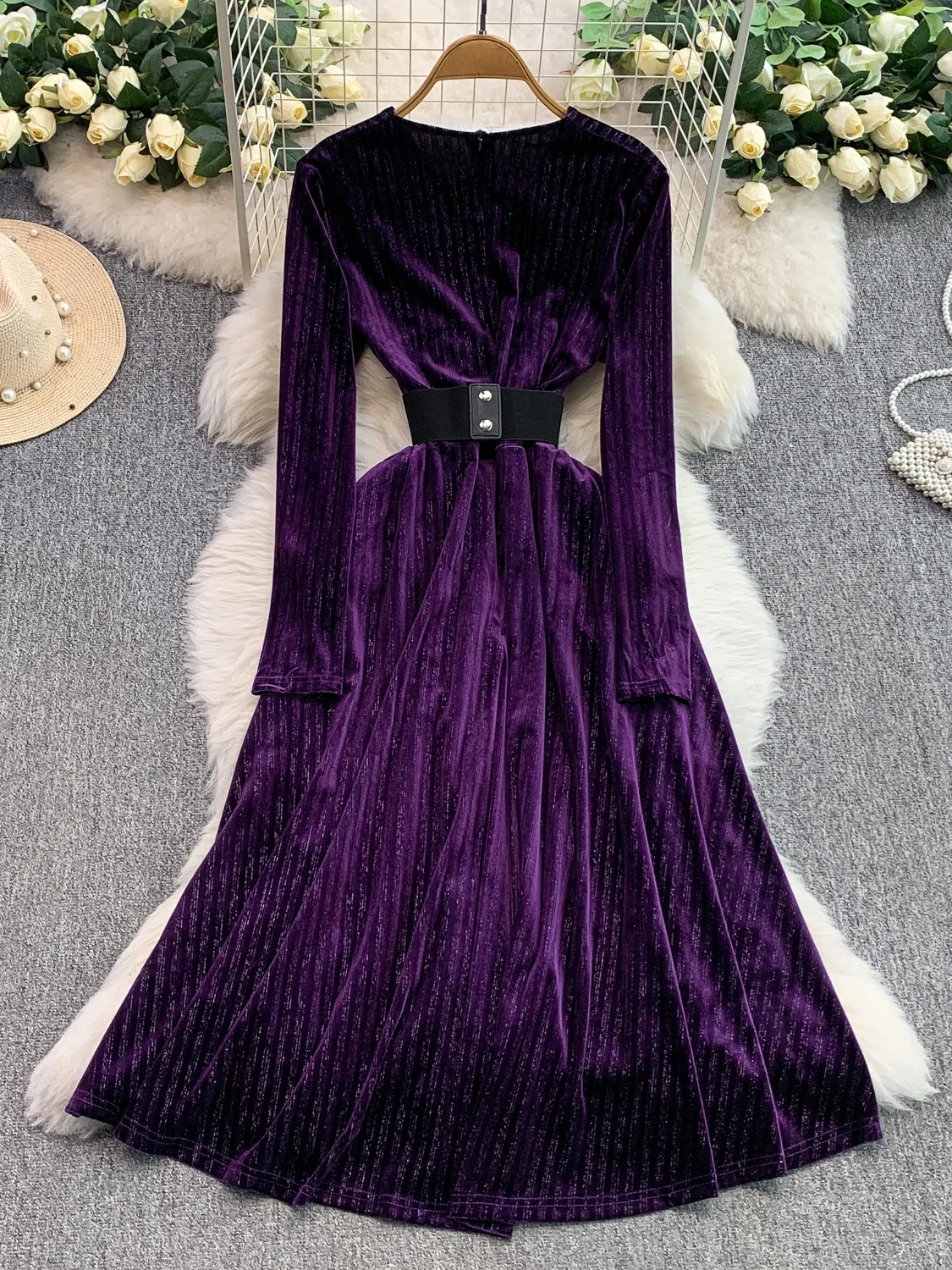 Rok Maxi Beludru Ele Long Sve Velvet Dr V-Ne High Waist Slimming Wanita untuk Kerja dan Santai Musim Dingin Model Terbaru