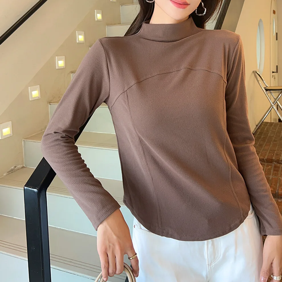 Fashion stitching slim long-sleeved T-shirt women's autumn and winter new solid color turtleneck warm undershirt top