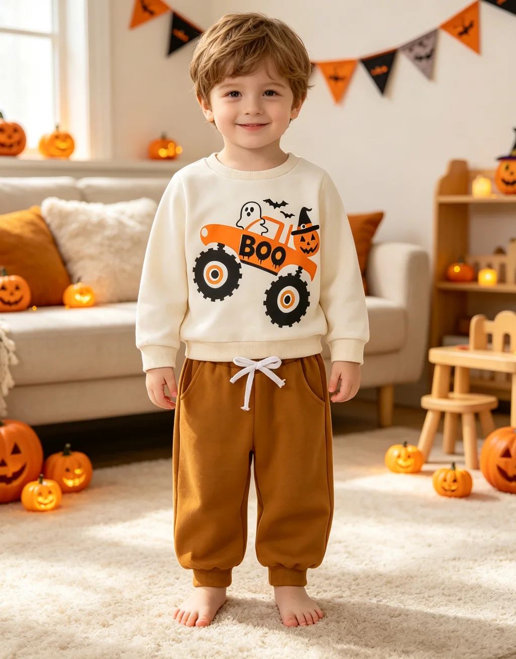 Baby Boy Halloween Truck Ghost Sweatshirt Outfit, Long Sleeve Crew Neck Top + Drawstring Jogger Pants, Toddler 2Pcs Clothes Set