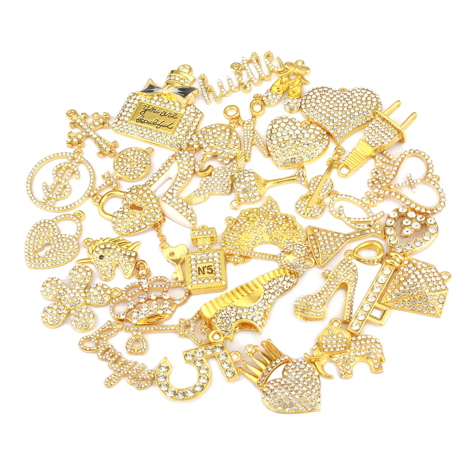 35pcs Colorful Rhinestone Gold Plated Mixed Girl Charms Picked at Random Fit for Women\'s DIY Jewelry Accessories