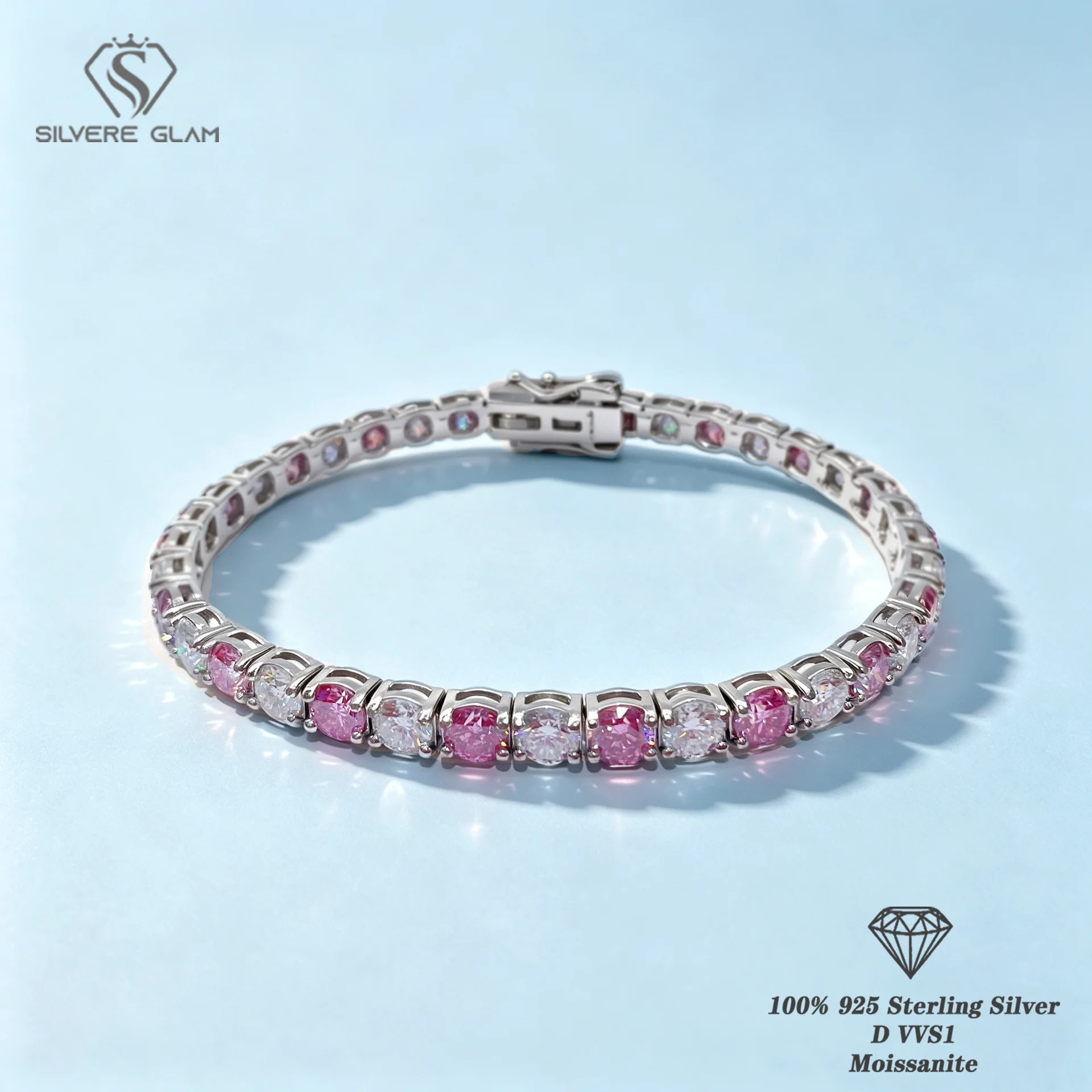 TY 3/4/5/6.5mm Moissanite Tennis Bracelet D Color Pink Moissanite 925 Sterling Silver Bracelet Fine Jewelry 18K White Plated