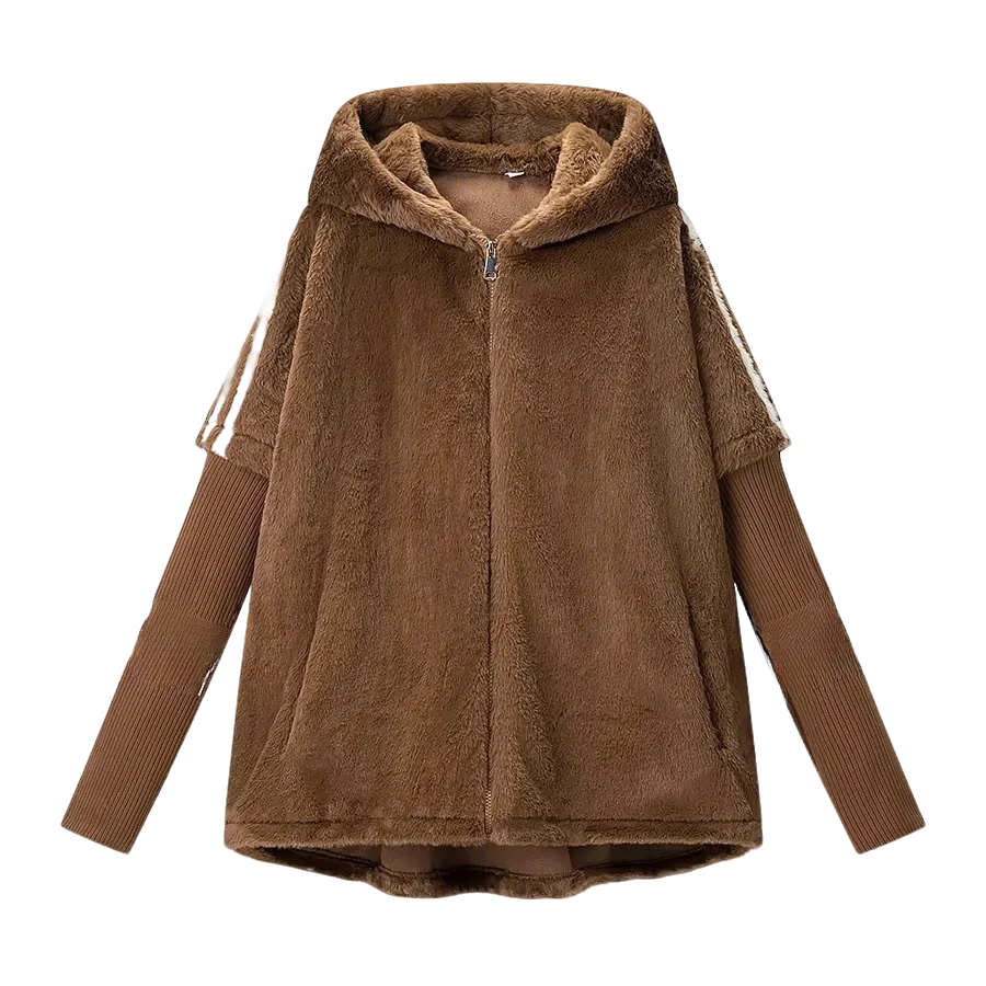 Zimowa Nowa Damska Luźna Kurtka z Zamkiem Błyskawicznym, Nieodłączanym Kapturem, Długim Rękawem, Wykonana ze Sztucznej Skóry z Futrem, Ocieplana, Średniej Długości.