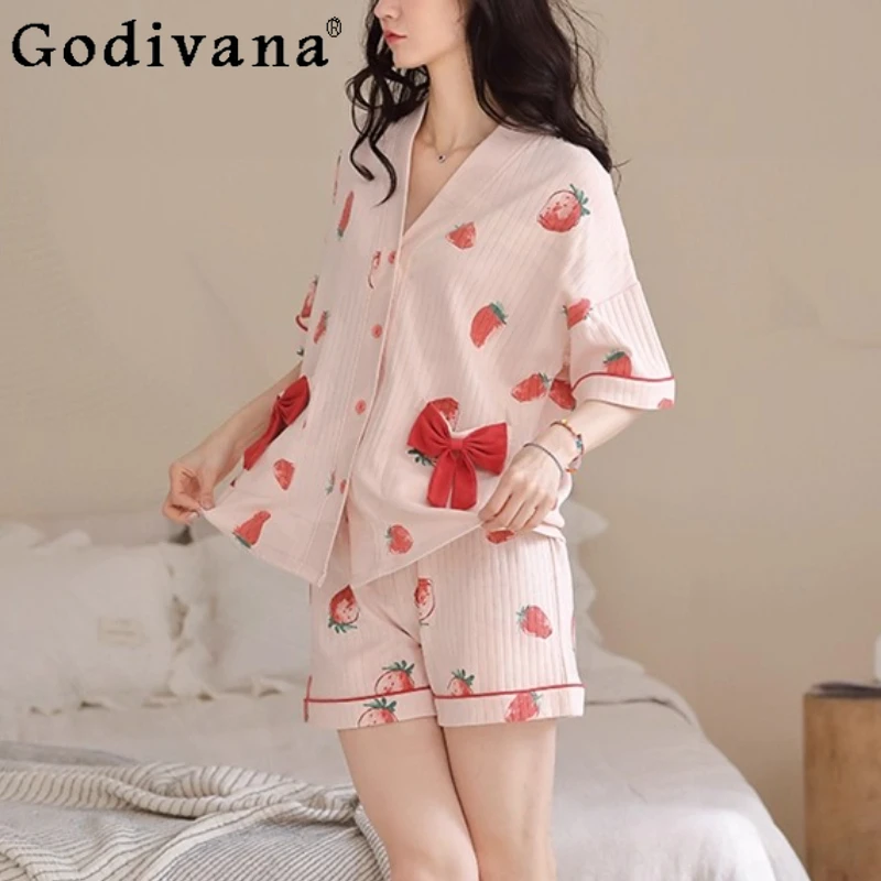 2025 Summer Women M-4XL Cotton Strawberry Print Loose Cardigan Shorts Two-piece Set Cute Bow Short Sleeve V-Neck Loose Homewear