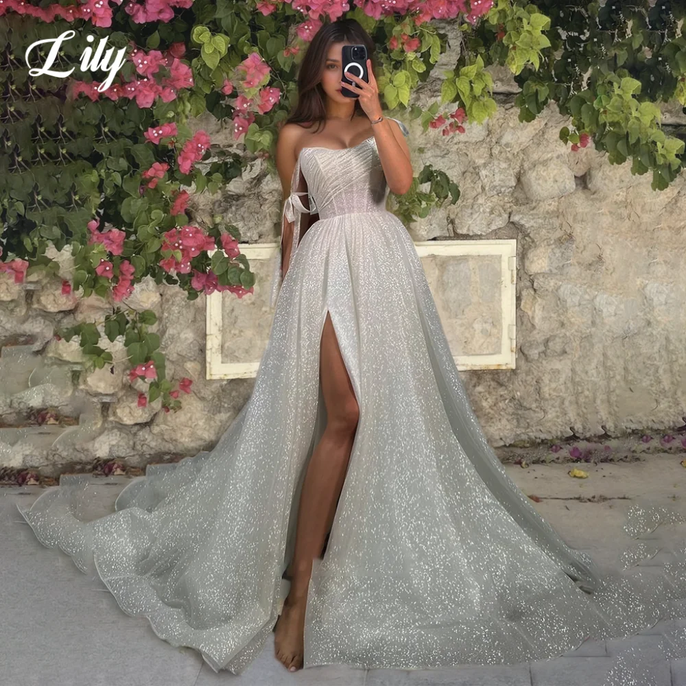 Lily White Elegant Sequins Wedding Dresses Spaghetti Straps Backless Wedding Gown Side Split Trailing Bridal Dress Customized