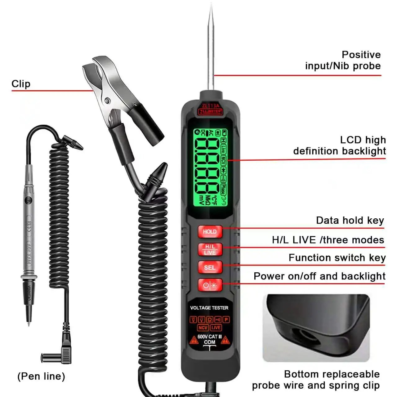 Smart Car Circuit Tester Digital Pen Multimeter AC DC Voltage Resistance Continuity Tester Automotive Circuit Test Tool ZL113A view 6