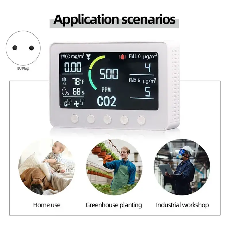 Tuya WiFi Co2 Sensor 6 in 1 Smart Air Quality Sensor Temperature Humidity Detector Color Screen Display EU Plug