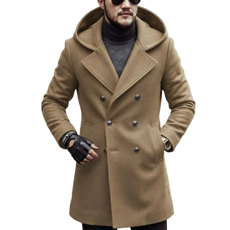 KIDWHXR 2026 Autumn Winter Men Hooded Overcoat Retro Double-breasted Man Wool Blends Coat Long Sleeve Versatile Male Jacket