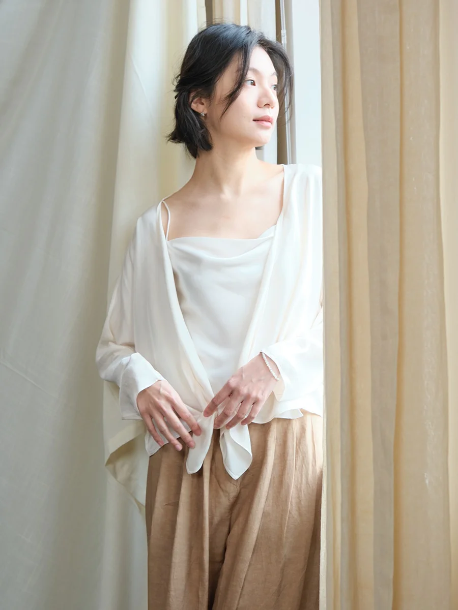 

Женская рубашка Whitecube Classic с длинным рукавом, V-образным вырезом, из ацетатного шифона, легкая, воздушная, для помещений с кондиционером