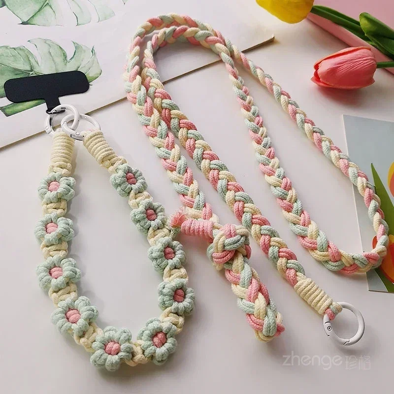 Mobile Phone Lanyard, Crossbody, Wrist, Neck, Three Use Flower Ponytail, Woven Rope, Adjustable Shoulder Strap Rope for Travel