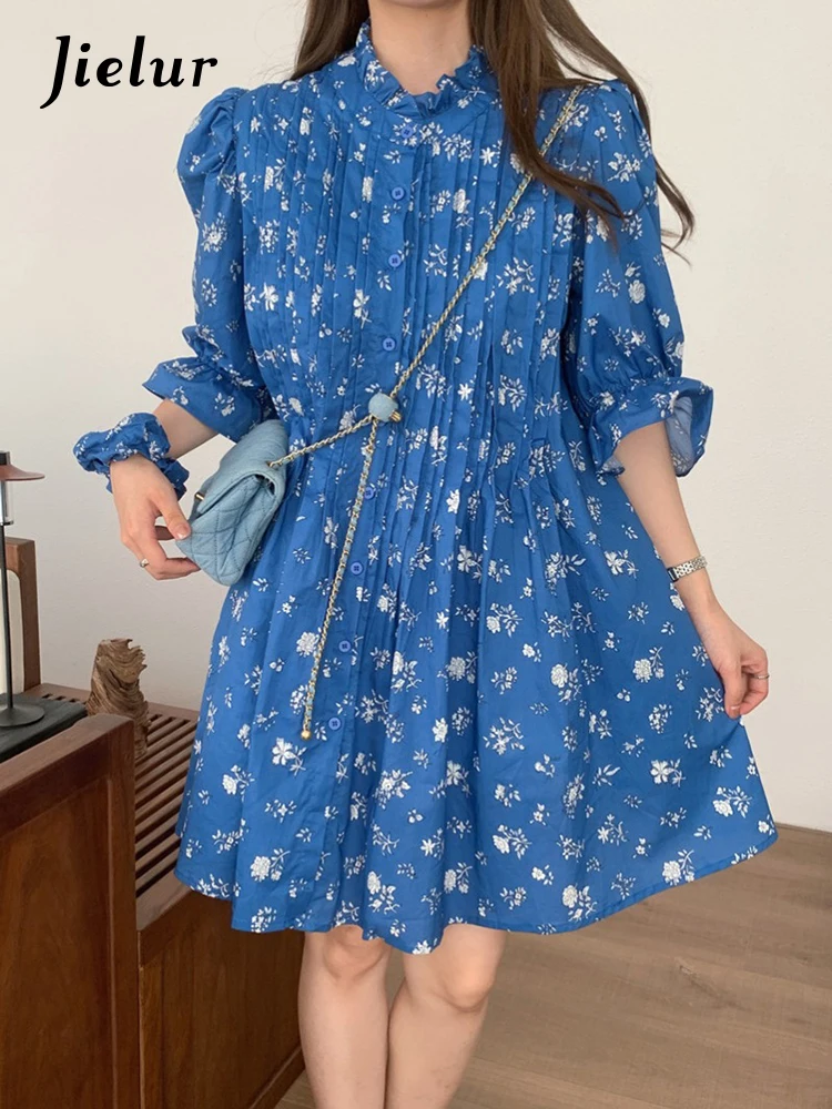 Summer New Retro Slim Street Woman Dress Sweet Elegant Fashion Women Dress Blue White Puff Sleeve Dresses Female Chicly