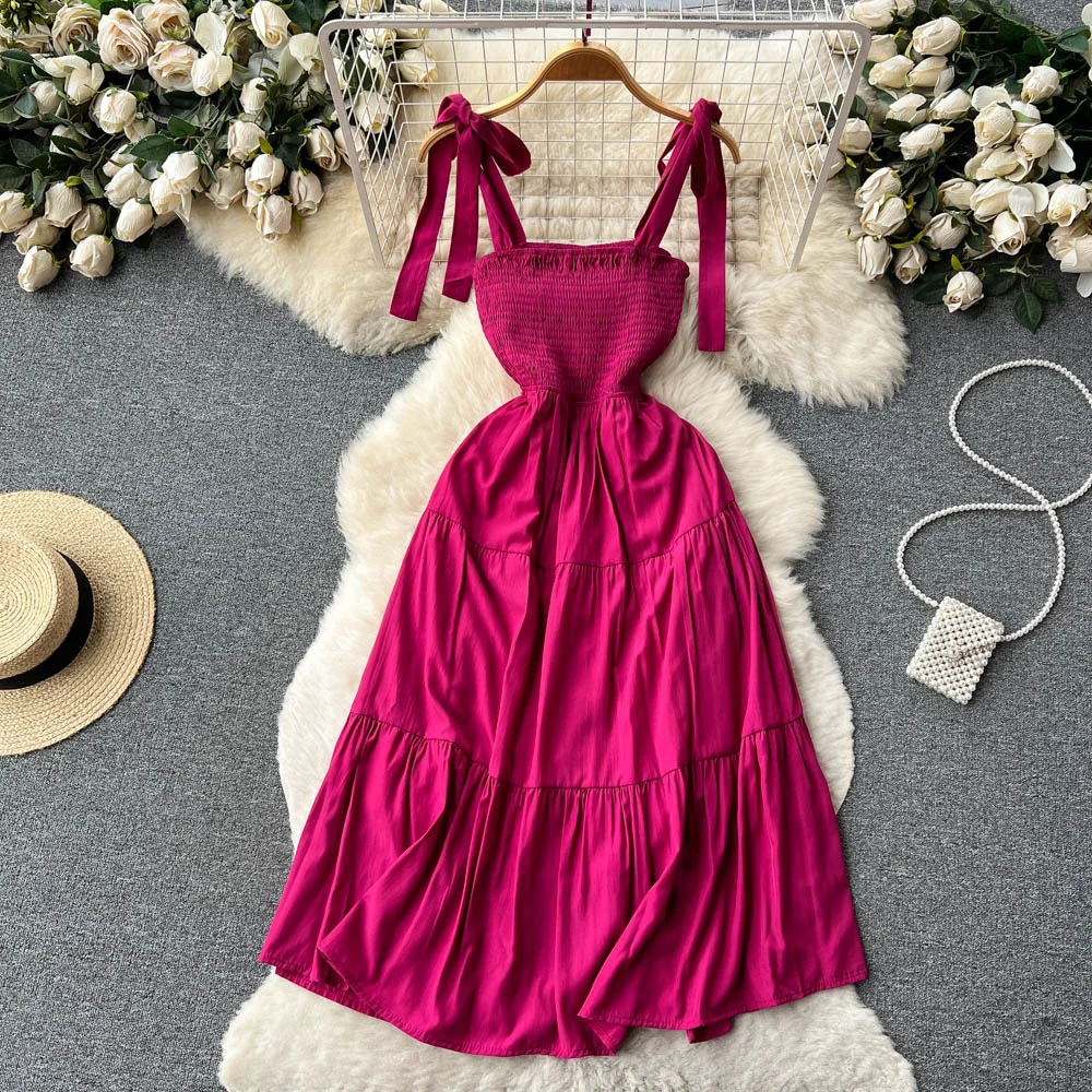 

ssTss Summer Women Sling Dress Solid Lace-Up Strap Sleeveless Pleated Elastic Waist Hollow Out Back A Line Beach Midi Dress