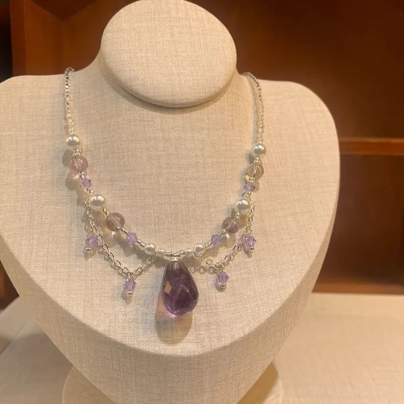 Amethyst faceted water drop necklace, fresh beaded clothing accessories, neck chain, fashionable and high-value crystal