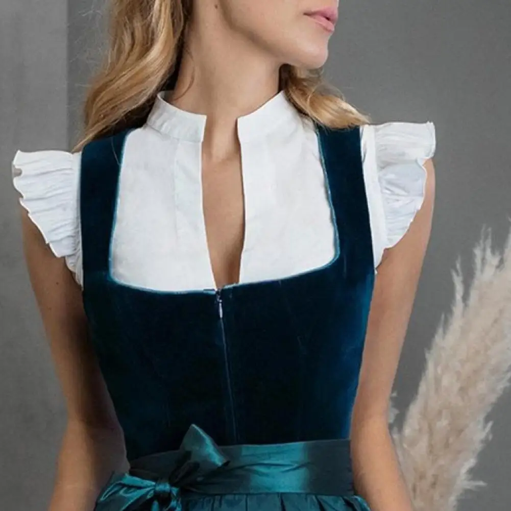 

Women Beer Suit Stand Collar Flying Short Sleeve Buttons Placket Traditional Bodywear Oktoberfest Shirt with Waist Elastic Belt