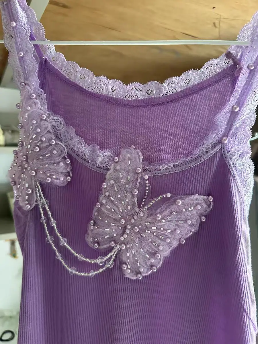 New In Y2K Clothes Butterfly Beading Tassel Stitch Tanks & Camis For Women 2024 Summer Purple Tank Top Woman Clothing