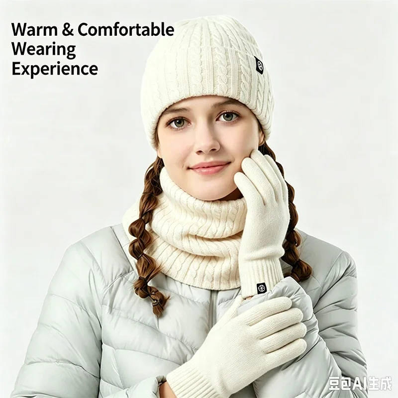 Winter Adult Keep Warm Clothing Accessories Outdoor Hiking Fleece Lined Hat Scarf Glove Suit Travel Knitting Three Piece Set
