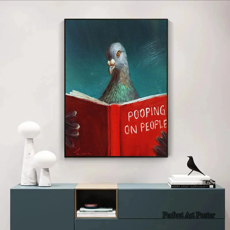 Pigeon Bird Reading Book Bathroom Funny Humorous Pet Canvas Painting Pooping on People Poster Wall Art Picture Toilet Room Decor