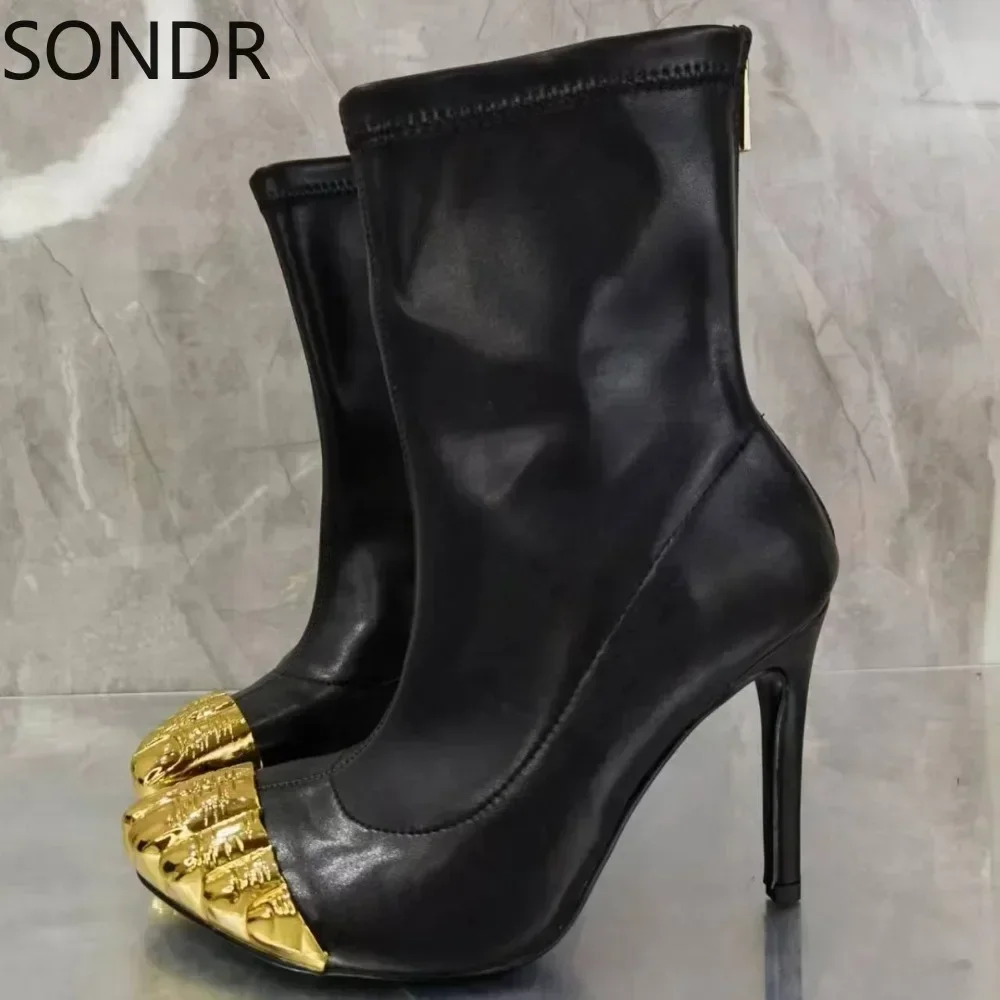 Women Highplaform Gold Fingers Long Boots Back Zipper Gold Toes High Platform Boots Shoes   New 2024