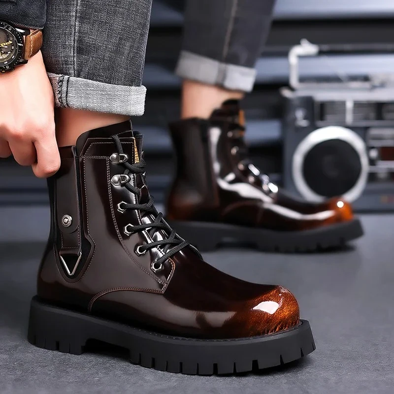 

British Style Men Boots Round Toe Lace Up Chelsea Boots Fashion Bright Leather Men Short Motorcycle Boots High Shoes