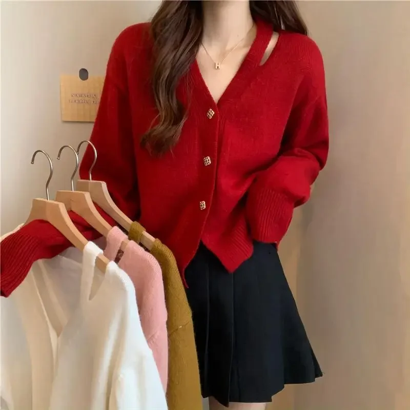 Women's Sweater Yellow Off The Shoulder Knit Tops for Woman Cardigan Y2k Fashion Korea Modern Long Sleeve in Promotion Jumper