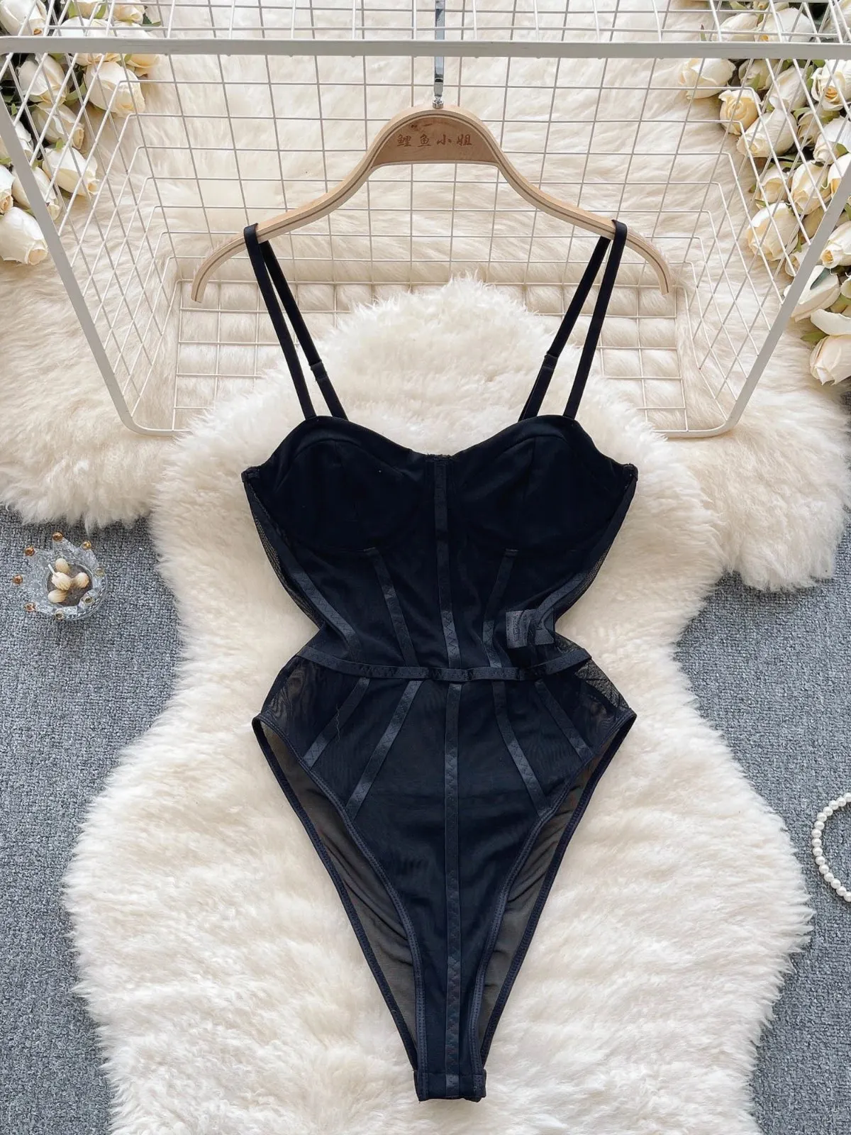 INS Style Sexy Pure Desire Spicy Girl Mesh Suspender Bodysuit Female Slim Fit Slim Skinny Bra Sleeveless Jumpsuit Summer 2024