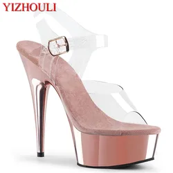 6 inch nightclub heels, stylish 15 cm rose gold plated stiletto heels, model pole dance shoes