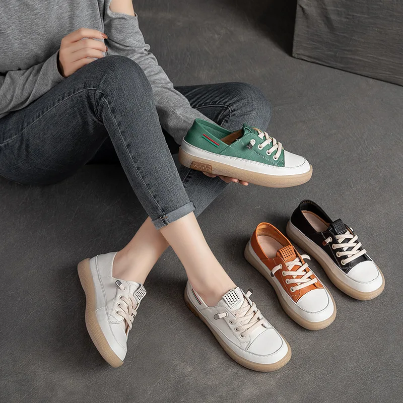 Koznoy Flat Women Shoes Genuine Leather 2cm Cow Ladies Summer Autumn Summer Comfy Women Fairy Leisure Lace Up Nurse Multicolor
