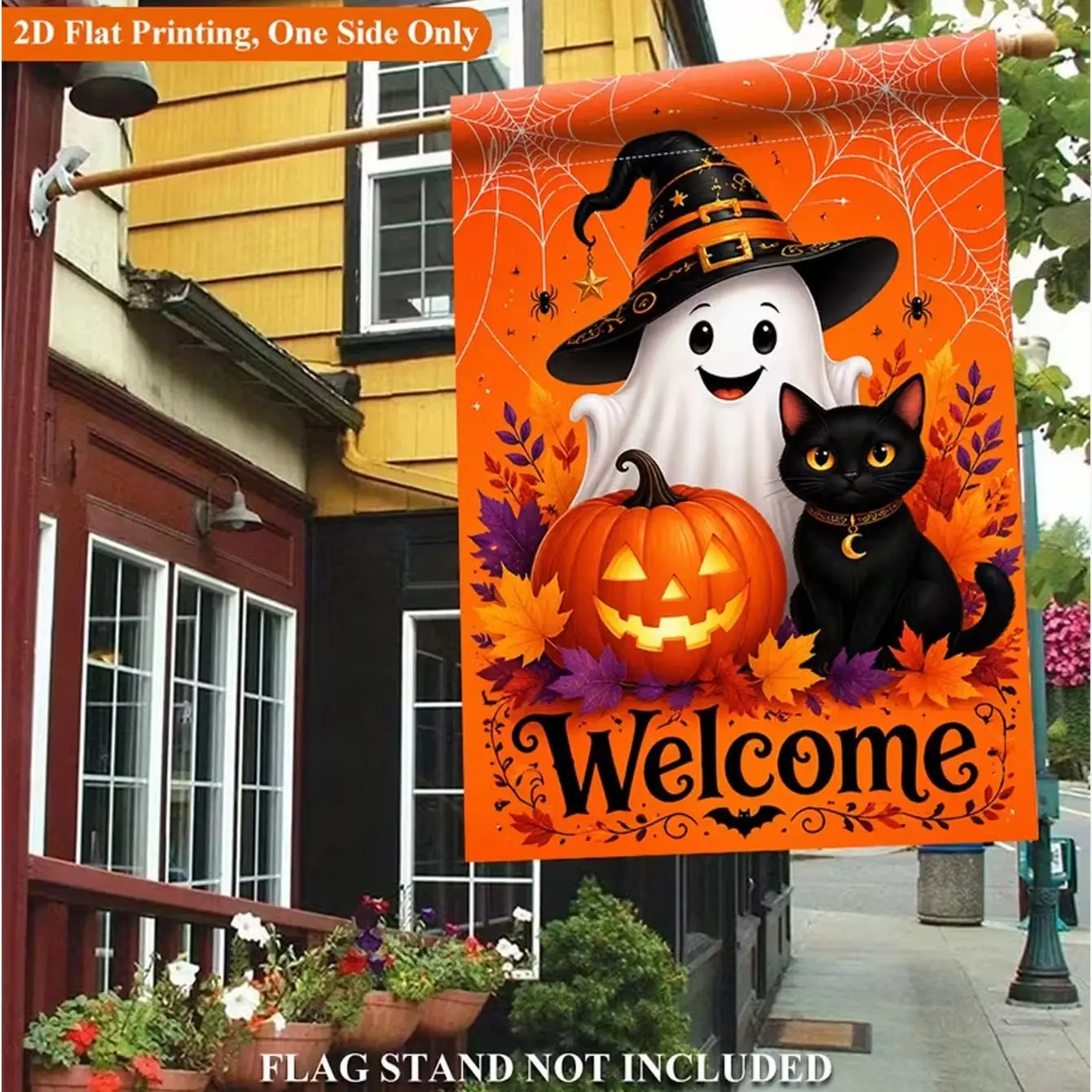 1 2D Flat Garden Flag, Halloween Pumpkin and Black Cat Design Single sided Polyester Garden Flag, Excluding Flagpole (Flag Only)