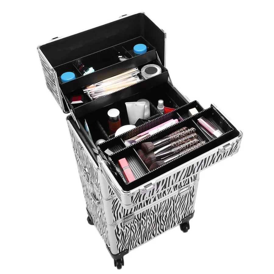 3-in-1-Etui für Kosmetika und Make-up aus Aluminium, Tattoo-Box, weißer Zebramuster
