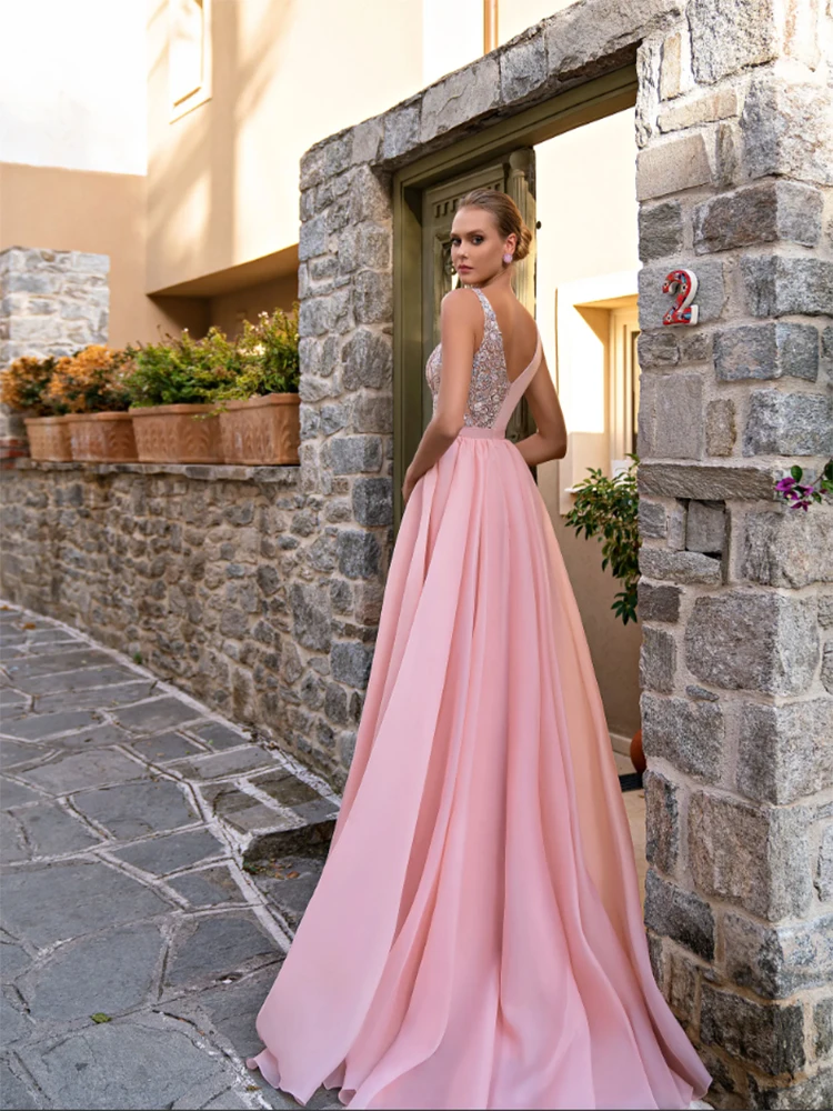 Elegant Cute pink  a line split v neck long  prom dressformal evening dresses  appliques backless party dresses