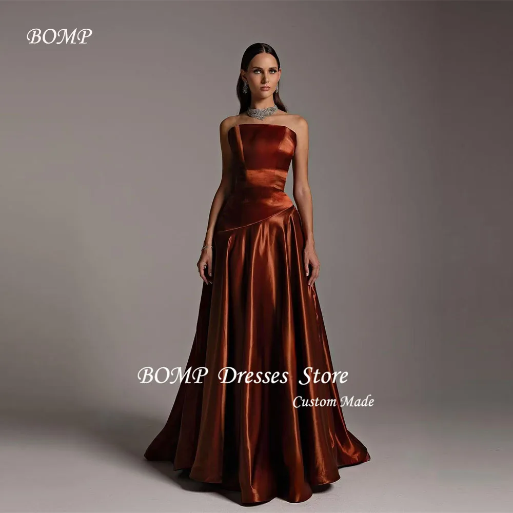 

BOMP Modern Brown Satin Formal Evening Dresses Dubai Arabic Women Party Dress Prom Gowns Special Occasion Dress Customized