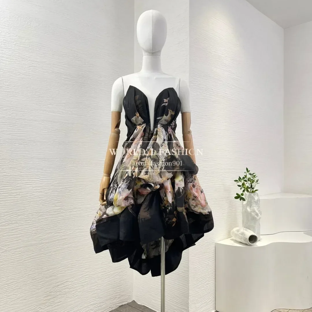 

Black Floral Print Sleeveless Backless Tube Irregular Hem Mini Dress High Quality 2025 Linen and Silk