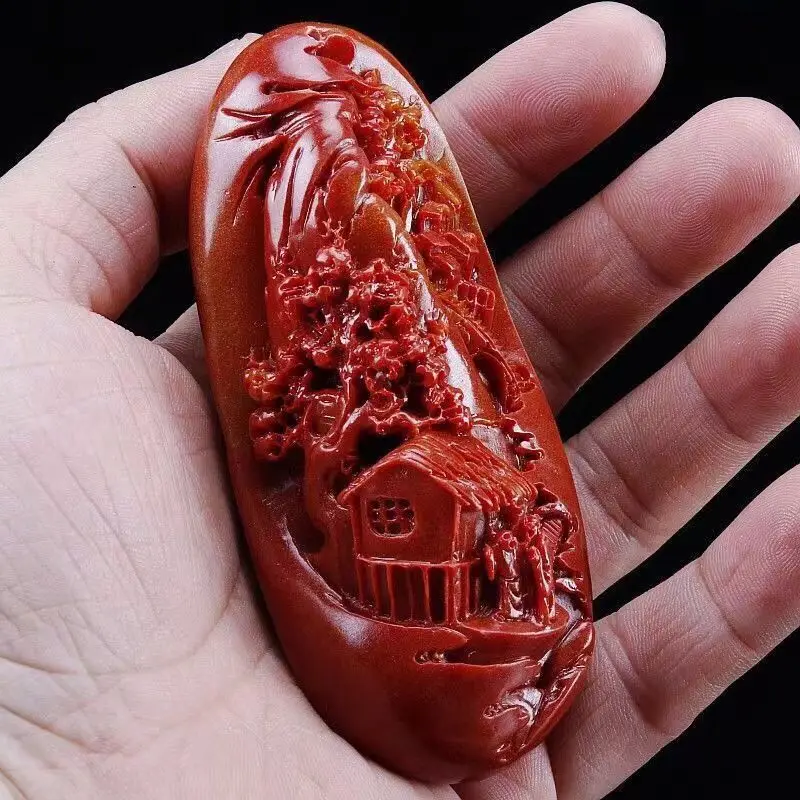 Chinese Antique Huanglong Jade Carved Landscape Waist Tag Statue