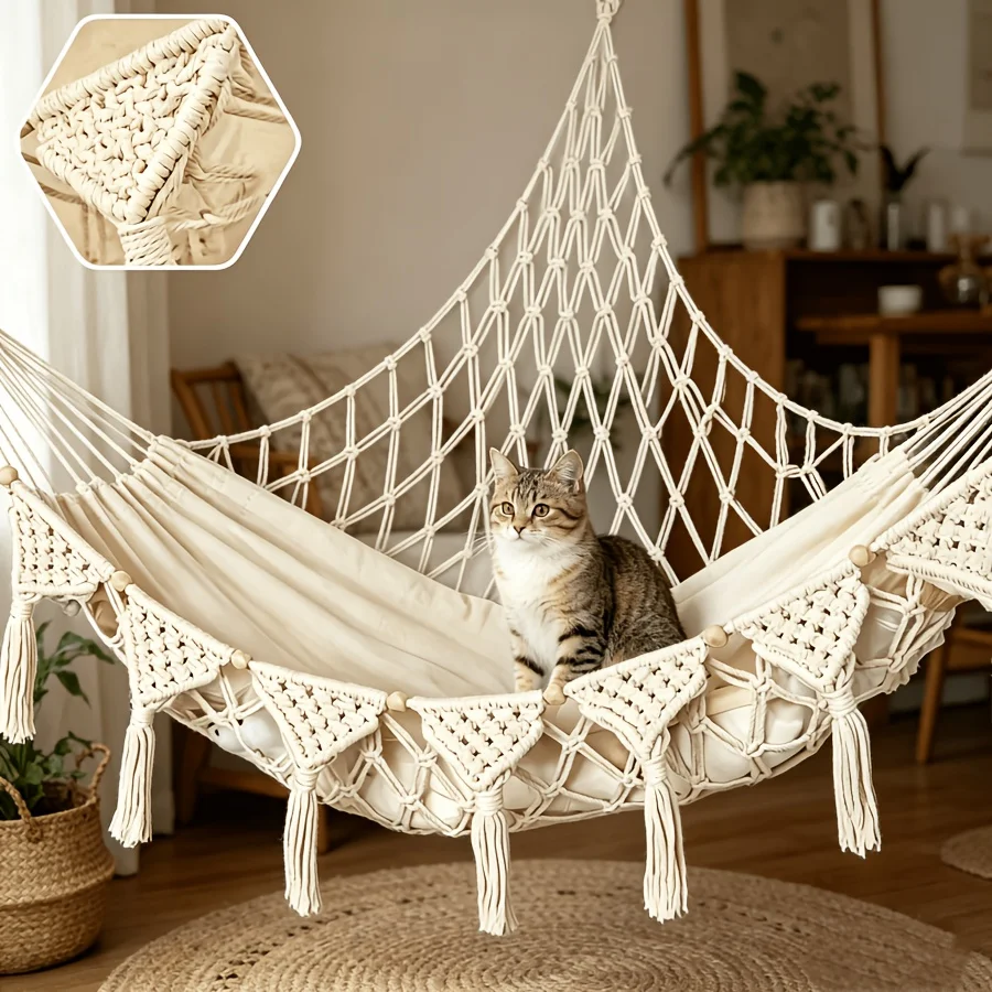 Hand Woven Vinyl Cat Hammock Wall Hanging Pet Lounge No Assembly All Season Hanging Bed Kitten Cat Home Indoor Rest Accessory