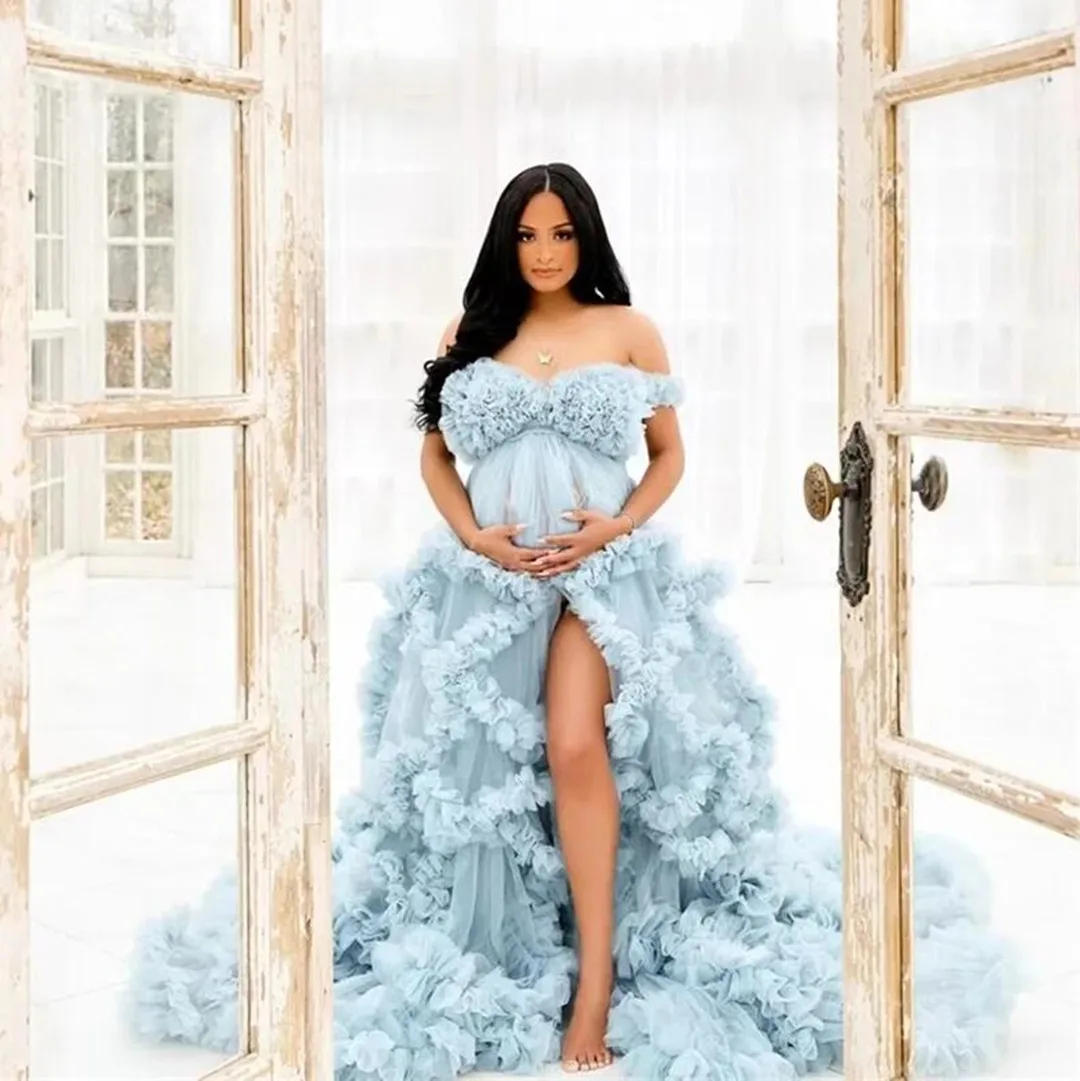 Seksowne sukienki ciążowe w gwiazdki Ruffles tiulowe suknie ciążowe do sesji zdjęciowej Baby Shower 3D kwiatowe szaty z odkrytymi ramionami