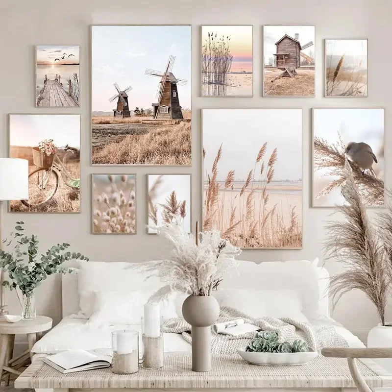 Beige Landschaft Wandkunst Poster Fahrrad Heißluftballon Bilder Orchidee Löwenzahn Leinwanddruck Nordische Drucke Schlafzimmer Heim-Deko