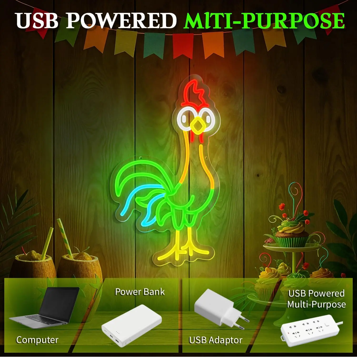 Rooster LED Neon Sign USB Dimmable Neon Light Sign for Gameroom Bedroom Bar Livingroom Birthday Party Gift Wall Decoration