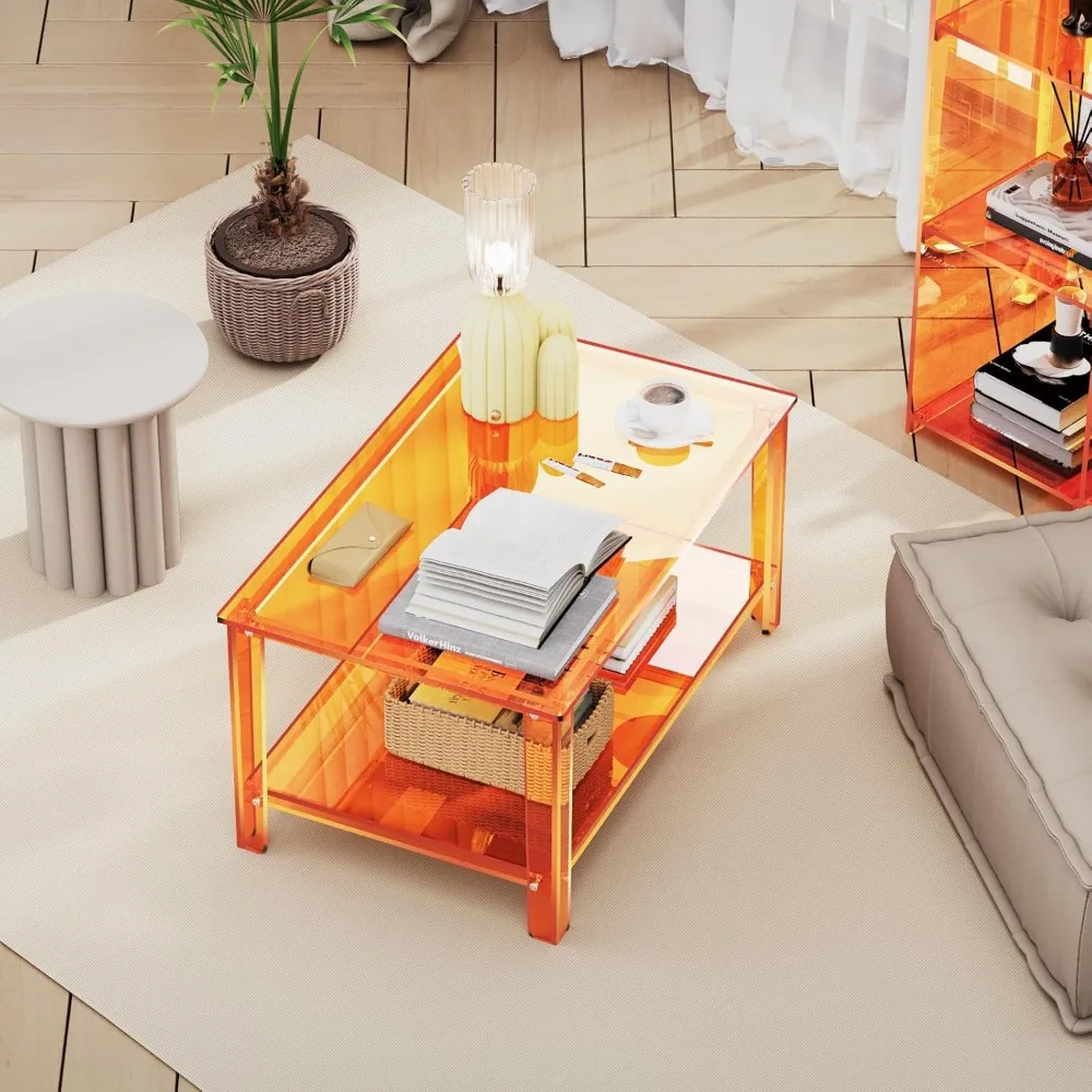 Rectangular Orange Acrylic Coffee Table with Storage Shelf for Living Room, Ideal for Small Spaces