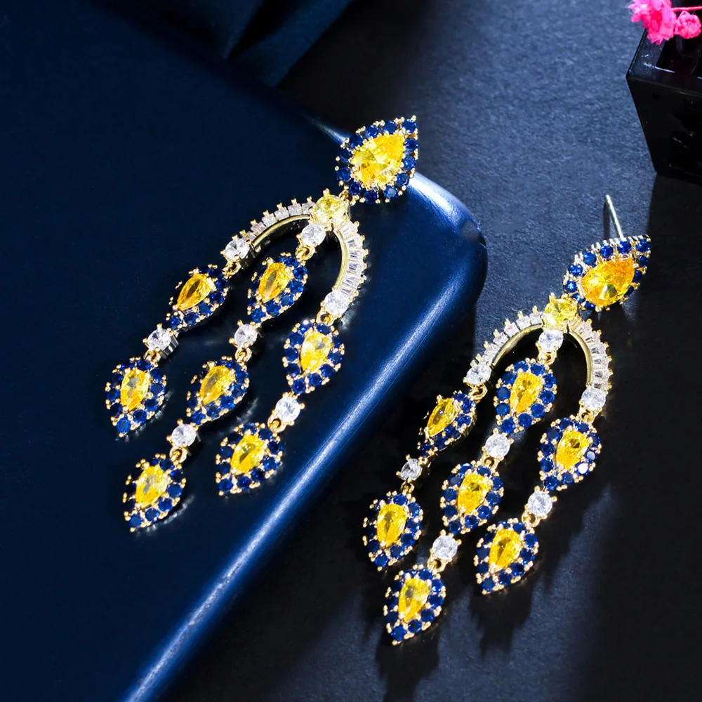 CWWZircons Luxury Chandelier Dangle Tassel Drop Yellow Blue Cubic Zircon Long Earrings for Women Wedding Bridal Party CZ214