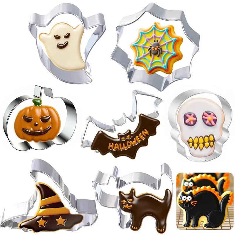 7sets of stainless steel cookie baking cutter including bat pumpkin skeleton ghost witch hat black cat spider web shaped cookies