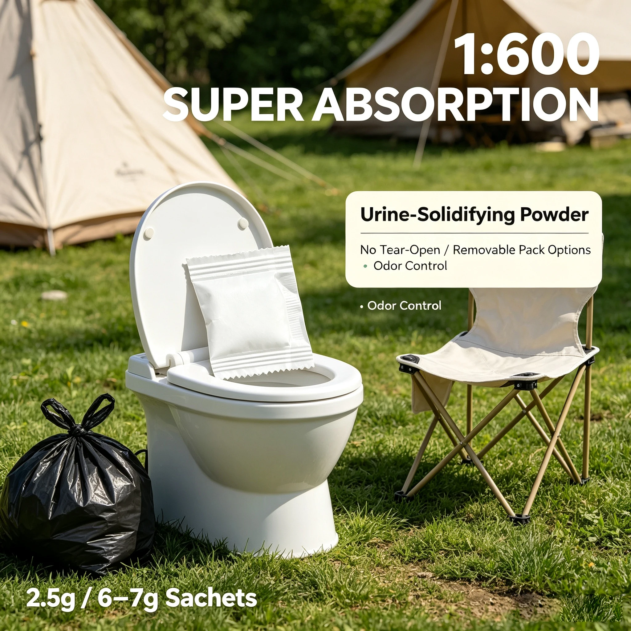 Urine Solidification Outdoor Tool for Camping, 1–100 Pack, 1:600 Absorption Ratio description 2