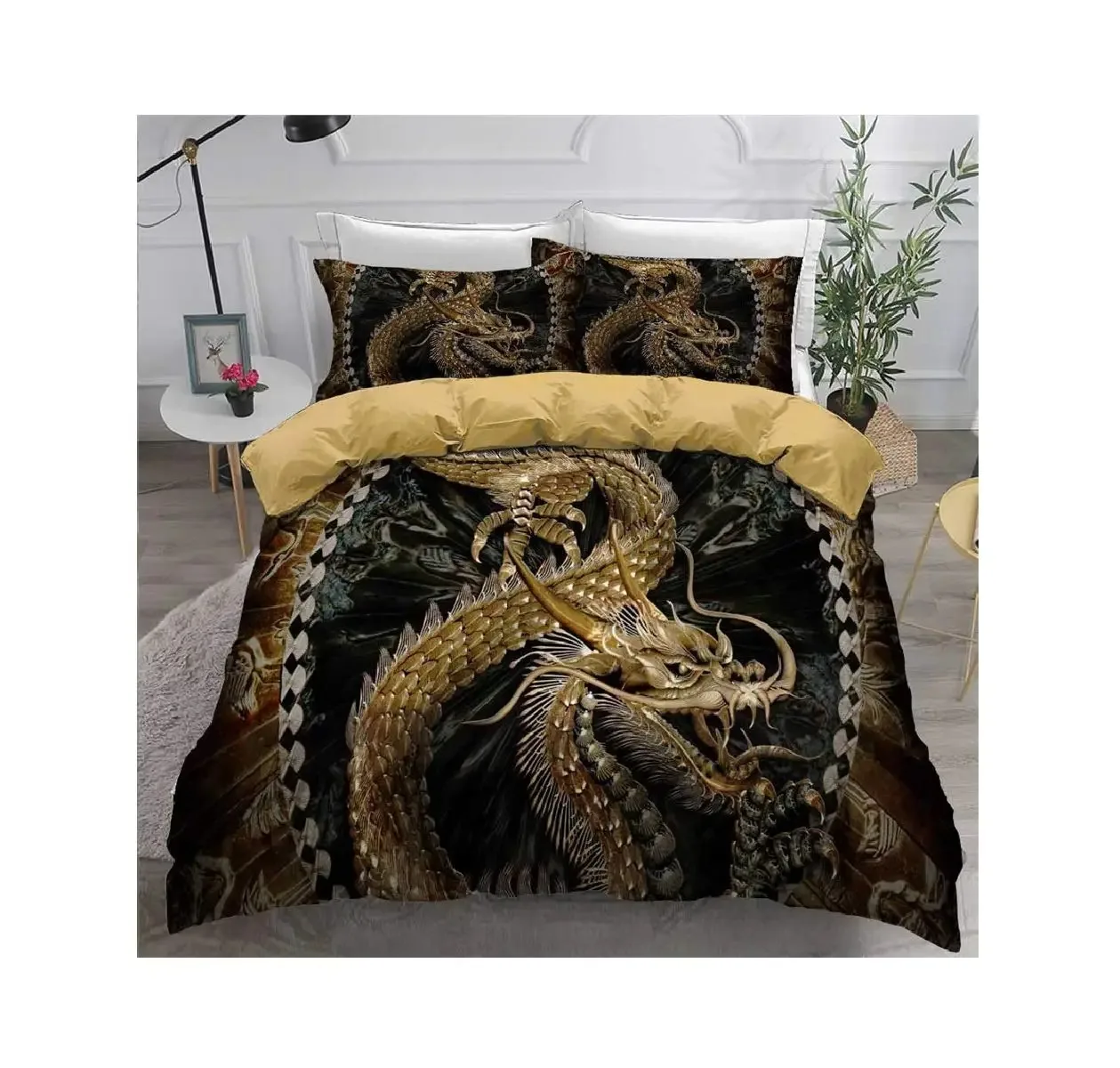 Red Base Black Dragon Print Bedding Cover Sets Full Chinese Dragon Pattern Bedding Cover Sets Full Soft 3 Pieces Comforter Sets