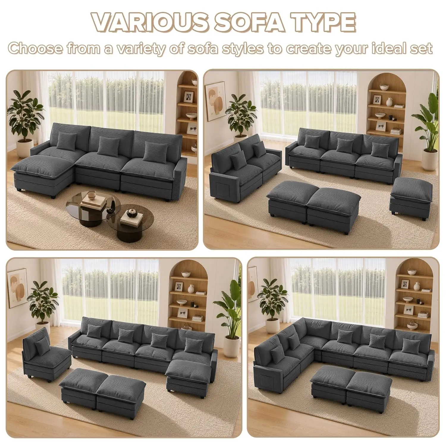 Oversized Modular Sectional Sofa with 2 Ottomans & Corner, Customized