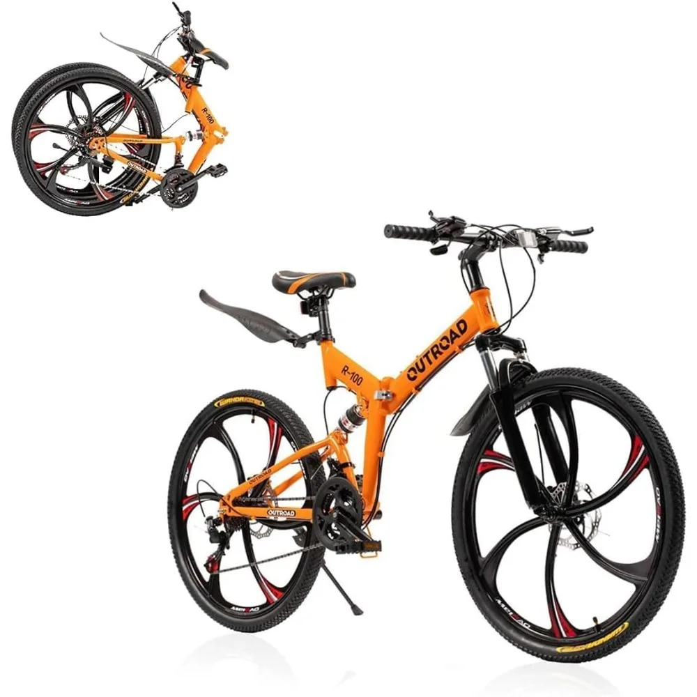 

26 Inch Folding Mountain Bike，21 Speed Full Suspension High-Carbon Steel MTB Foldable Bicycle，Black，Orange & Green Freight free